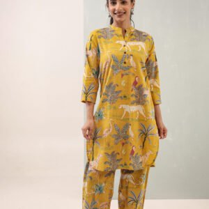 Hemys Mustard Printed Cotton Co-ord Set for Women | Straight Kurta with Matching Pants | Comfortable Ethnic Wear