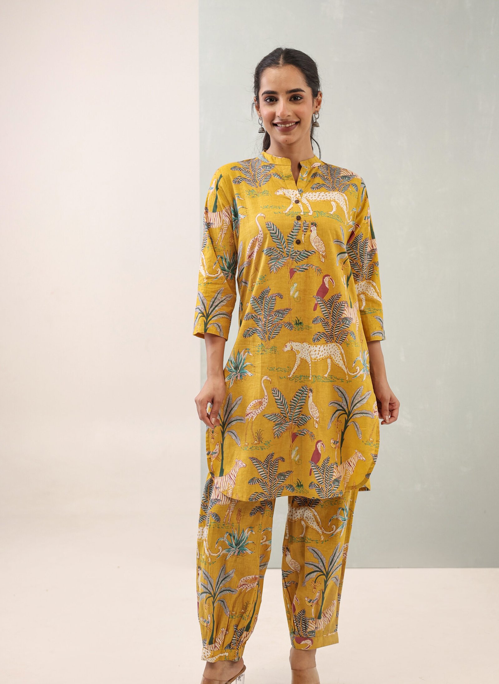 2L1A6995 Hemys Mustard Printed Cotton Co-ord Set for Women | Straight Kurta with Matching Pants | Comfortable Ethnic Wear