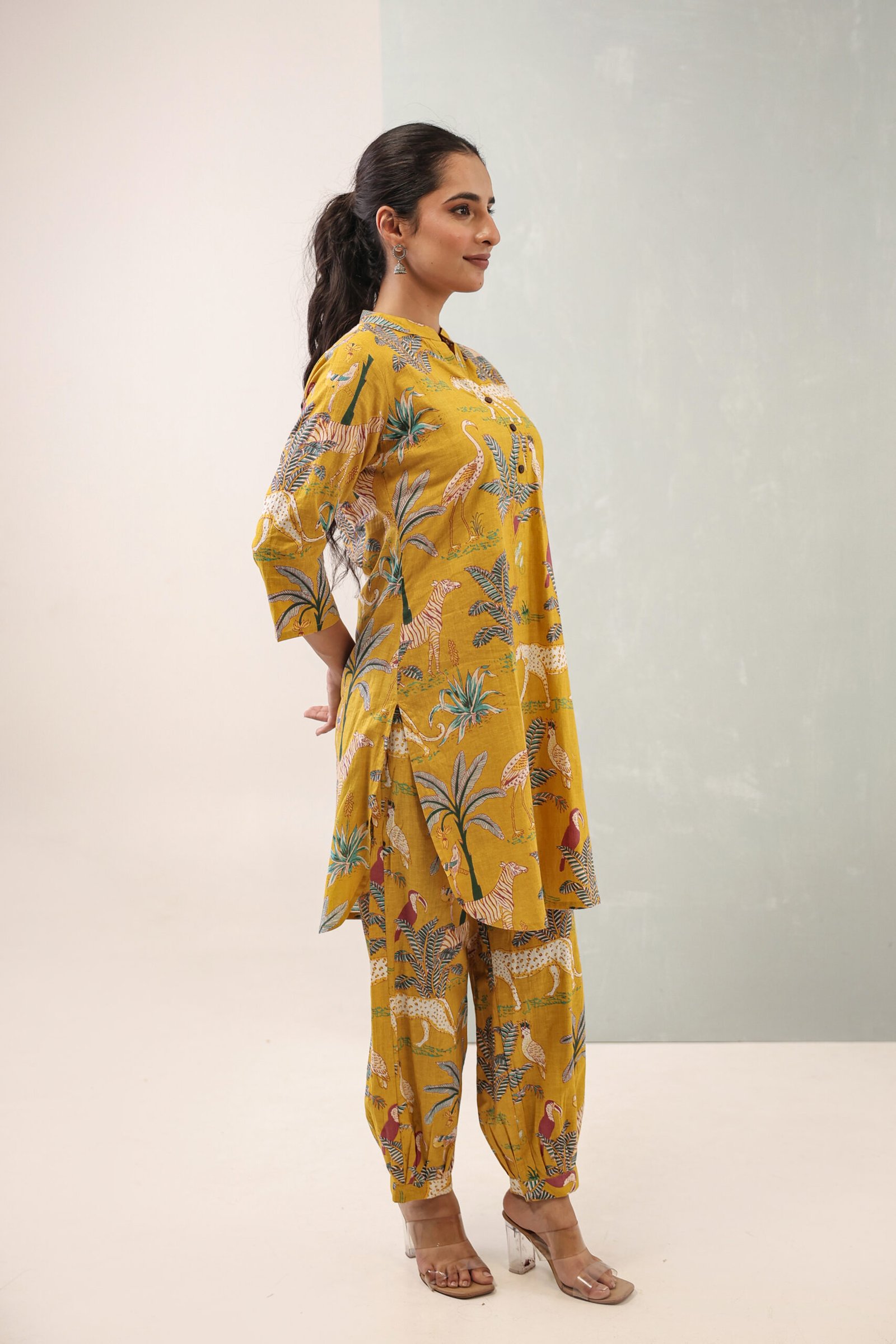 2L1A6998 Hemys Mustard Printed Cotton Co-ord Set for Women | Straight Kurta with Matching Pants | Comfortable Ethnic Wear - Image 3