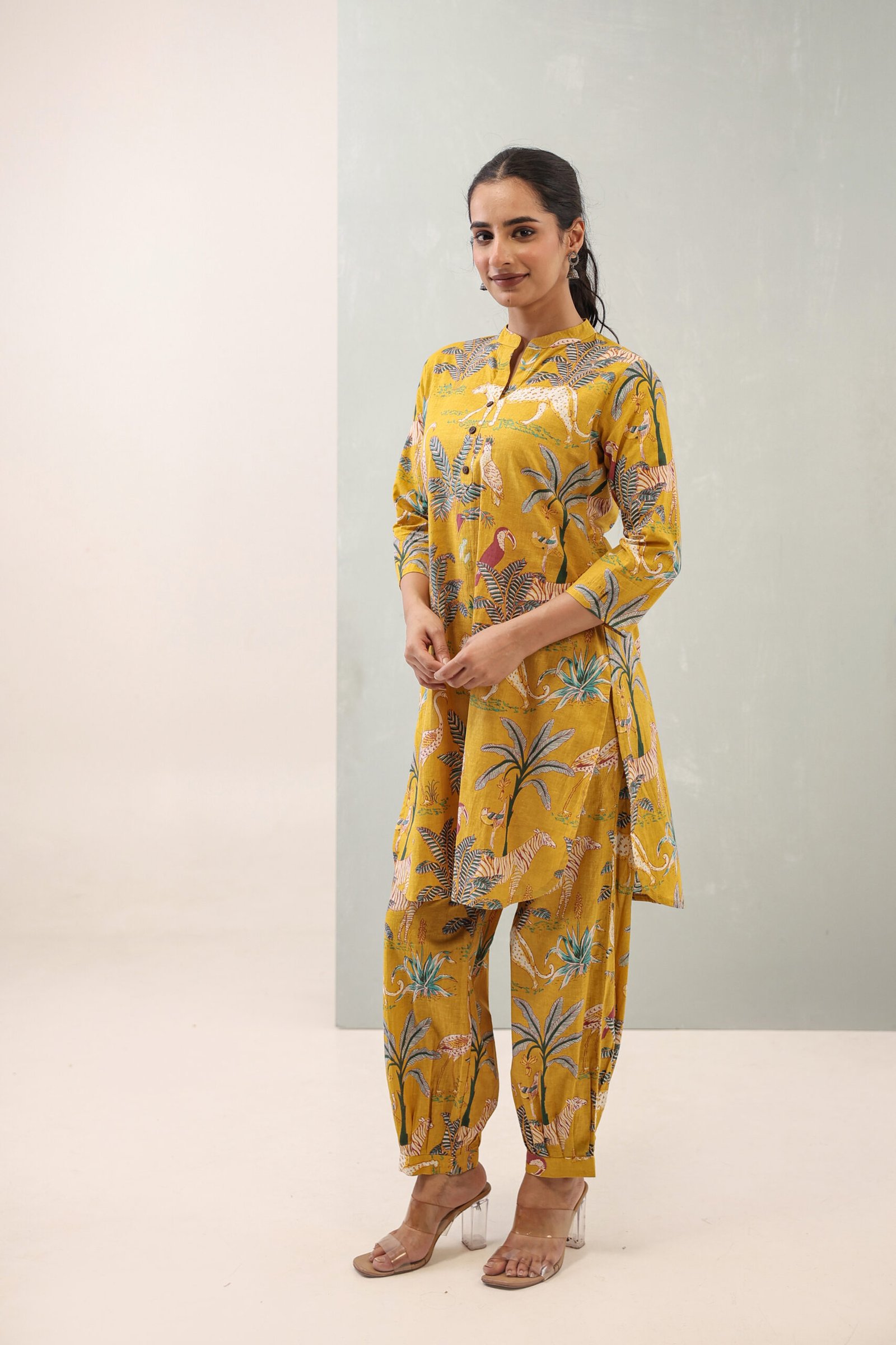 2L1A7000 Hemys Mustard Printed Cotton Co-ord Set for Women | Straight Kurta with Matching Pants | Comfortable Ethnic Wear - Image 4