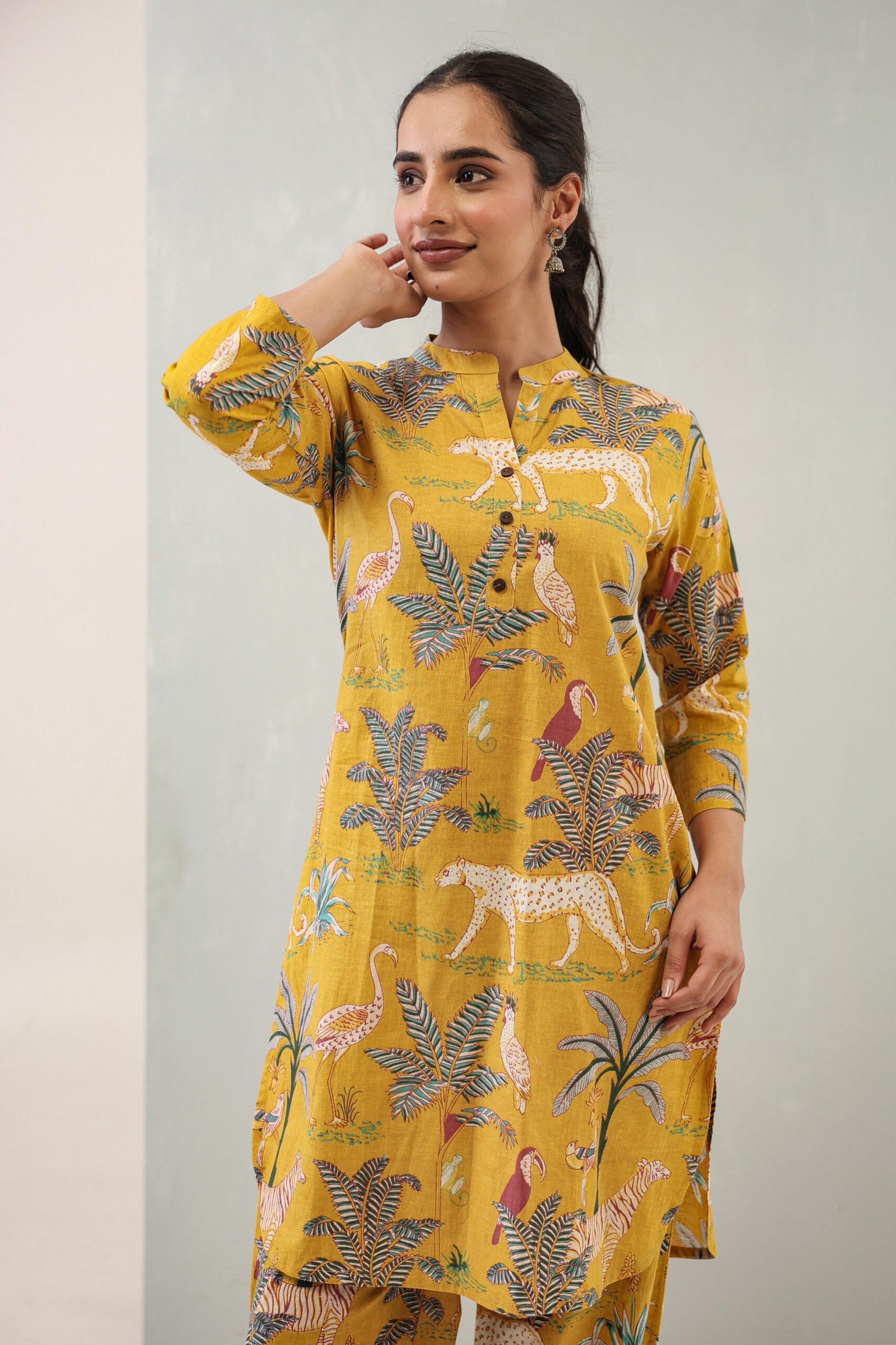 2L1A7009 Hemys Mustard Printed Cotton Co-ord Set for Women | Straight Kurta with Matching Pants | Comfortable Ethnic Wear - Image 5
