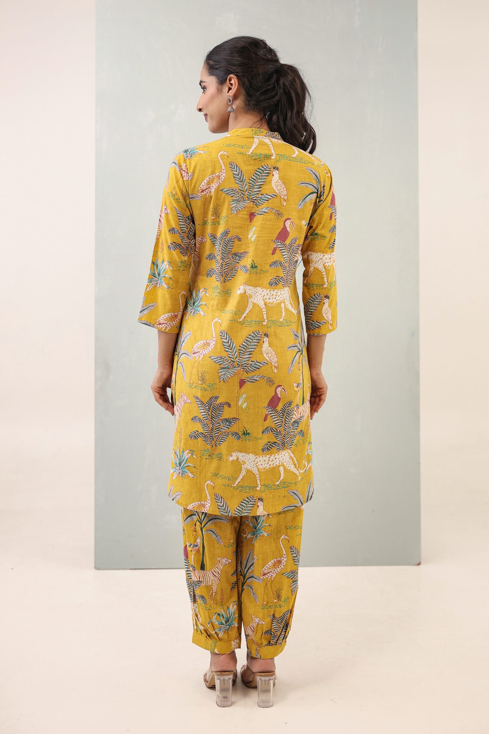 2L1A7012 Hemys Mustard Printed Cotton Co-ord Set for Women | Straight Kurta with Matching Pants | Comfortable Ethnic Wear - Image 6