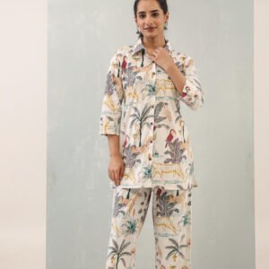 Hemys Off-White Printed Cotton Co-ord Set for Women | Straight Kurta with Matching Pants | Elegant Ethnic Wear